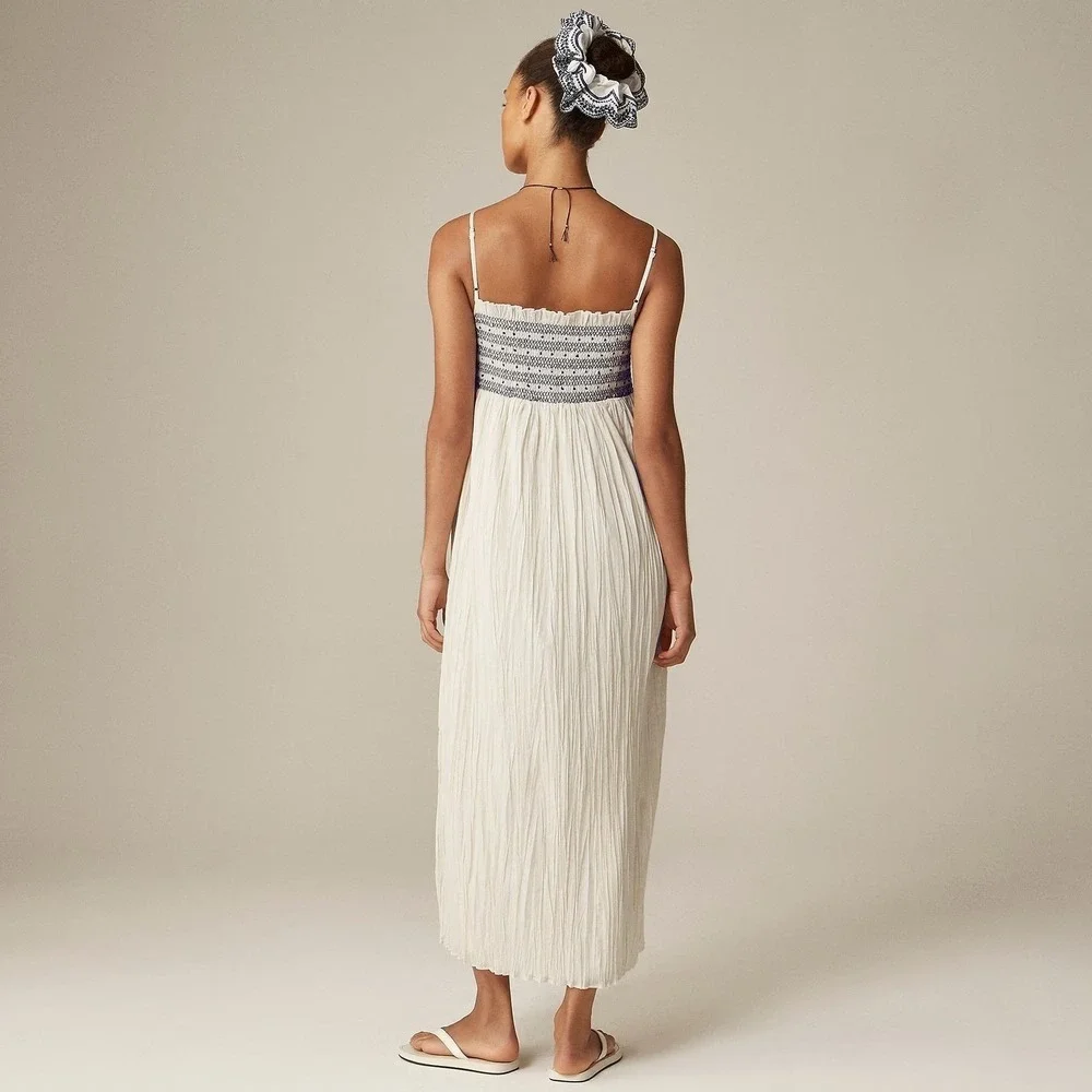 J.Crew Catania Cotton Smocked Maxi‎ Dress XL White Blue Summer Vacation Easy NWT